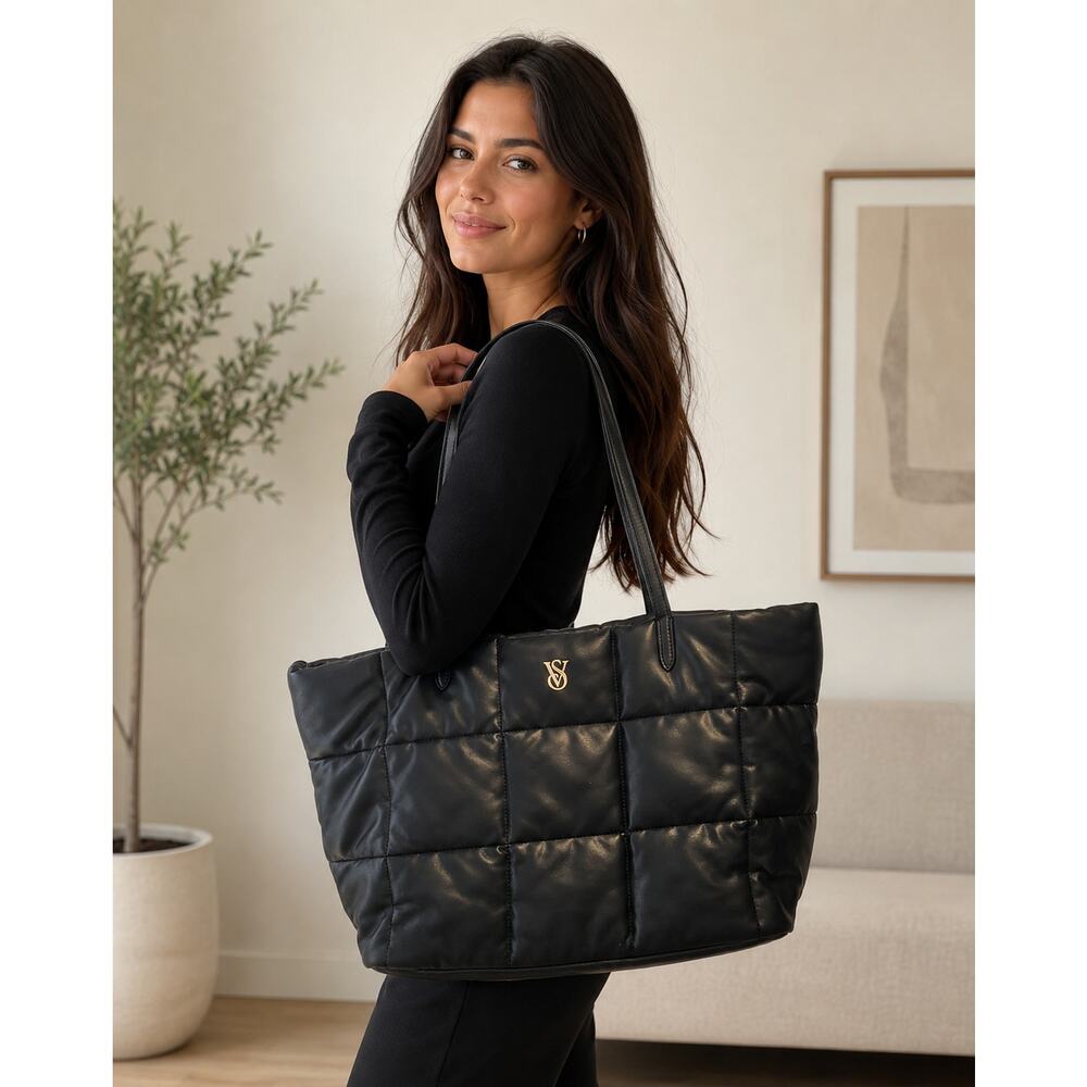 Victoria’s Secret Black Quilted Tote Bag Lg Puffy Shopper Shoulder Carryall VS